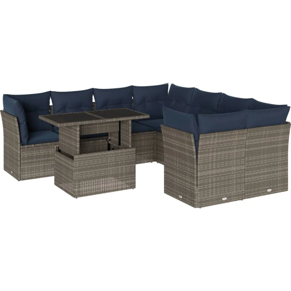 vidaXL 9-delige tuinbankset met kussens, grijs polyrotan, foto 3