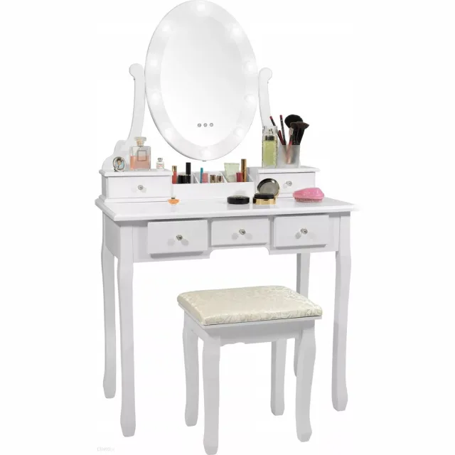 FUNFIT HOME&OFFICE Houten kaptafel wit - LED-verlichte spiegel - Met bijpassende kruk - 80x40x137 cm - Viking Choice