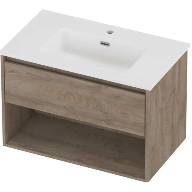 Proline Tribute Badmeubelset Porselein Elegant 1 Kraangat Met Schap 80x46x54 cm Mat White Raw Oak Eiken