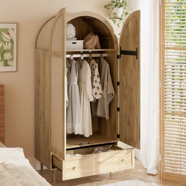 MODFU Kledingkast - Met Laden En Stoffen Deuren - Modern - Voor Slaapkamer - MDF - Eikenkleur - 79 x 50 x 175 cm