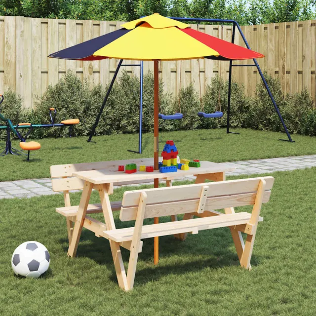 vidaXL Picknicktafel voor 4 kinderen met parasol massief vurenhout bruin, foto 2
