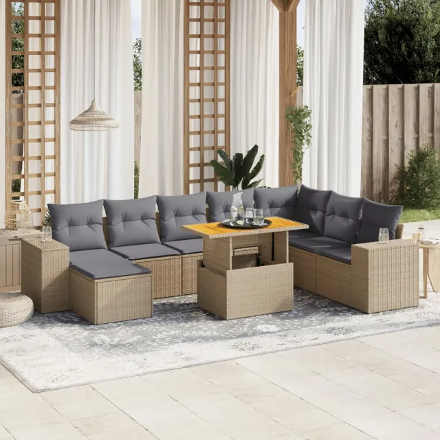 vidaXL 9-delige Loungeset met kussens poly rattan beige, foto 2