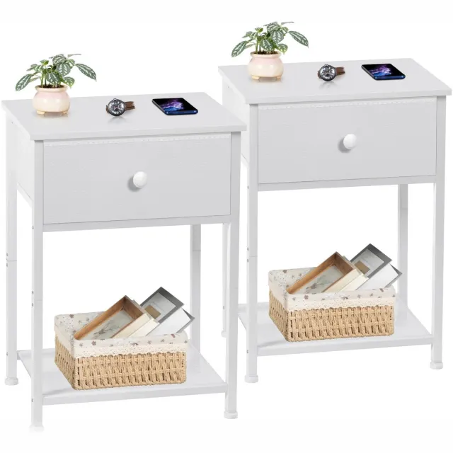 Famanu Nachtkastje met stoffen lade, bijzettafel voor woonkamer, slank ontwerp voor kleine ruimtes, wit