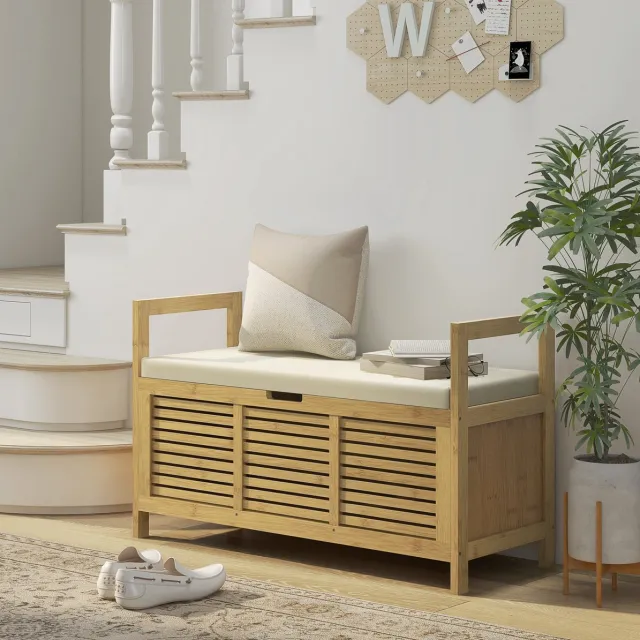 MEUNIQ schoenenbank van bamboe 100 x 40 x 60 cm met klepdeksel, opbergruimte, schoenenrek, zitkussen en armleuningen voor hal of entree in naturel Naturel hout