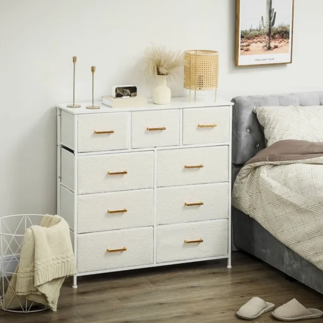 Wishdor Ladekast Met 9 Stoffen Laden - 3D-Oppervlak En Goudkleurige Grepen - Voor Woonkamer Of Slaapkamer - Crèmewit - 100 X 30 X 99 Cm Crèmekleurig