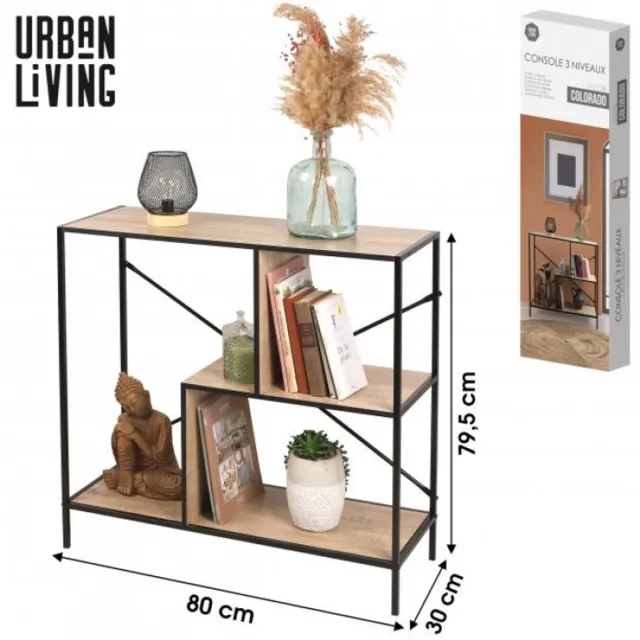 Urban Living "COLORADO" Consoletafel met 3 niveaus 80 x 30 x H79,5 cm zwart en houtlook