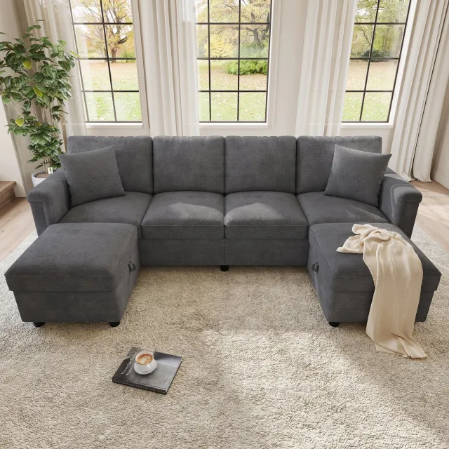 VVBV Hoekbank met Opbergruimte 261x134x82 cm – USB/Type-C, Modulair, Armleuningen – voor Woonkamer – Chenille – Grijs