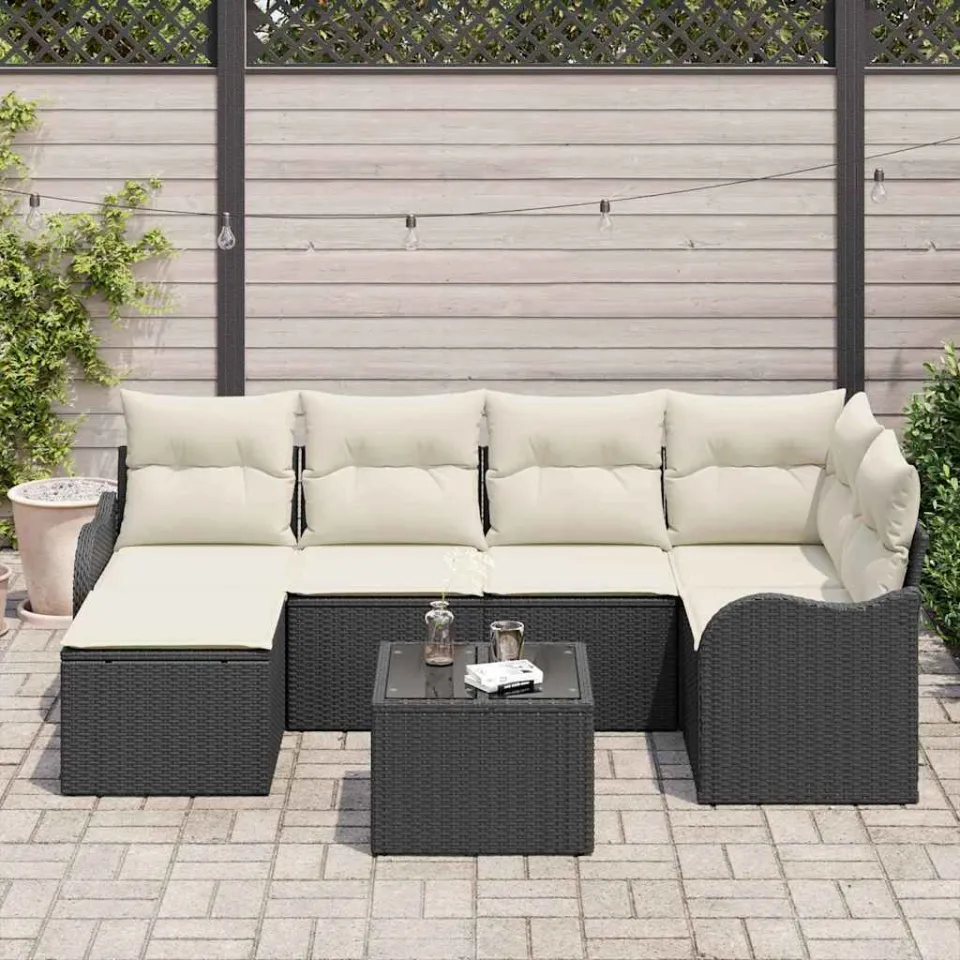 vidaXL Tuin Sofa Set met kussen 7 pcs Zwart Poly riet, foto 3