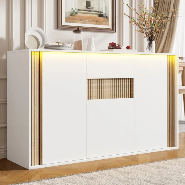 STILVORA Dressoir Met 3 Deuren En 1 Lade, Verstelbare Ledverlichting, Wit Met Natuurlijke Houtnerf, 140x40x82 Cm Wit + naturel