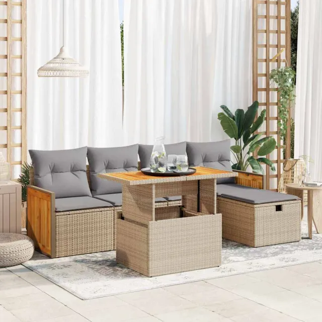 vidaXL 6-delige Loungeset met kussens poly rattan beige, foto 2