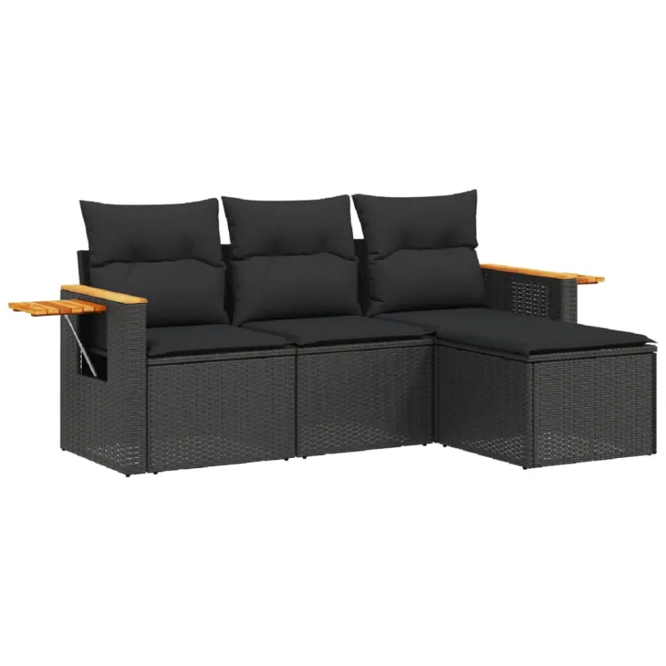 vidaXL 4-delige Loungeset met kussens poly rattan zwart, foto 3