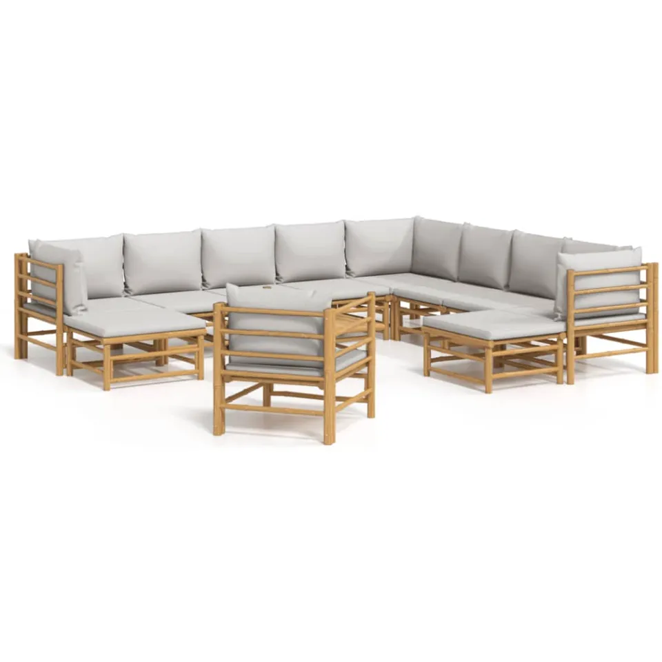 vidaXL 12-delige Loungeset met kussens bamboe lichtgrijs Bruin
