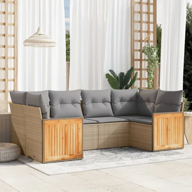 vidaXL 6-delige Loungeset met kussens poly rattan beige, foto 2