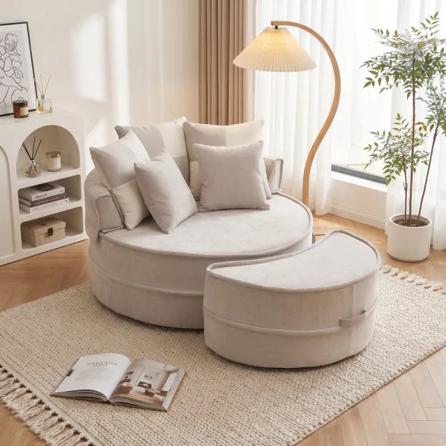 Zubaliya Rond Sofa met 5 Kussens en Poef - Gestoffeerd Sofa met Ottomane voor Woonkamer en Slaapkamer - 163x121x66 cm, Grijs