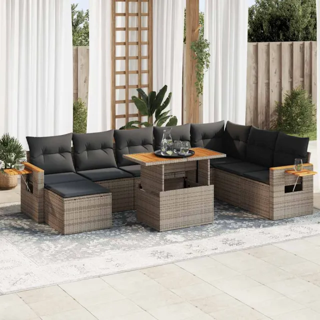 vidaXL 9-delige Loungeset met kussens poly rattan acacia grijs, foto 2