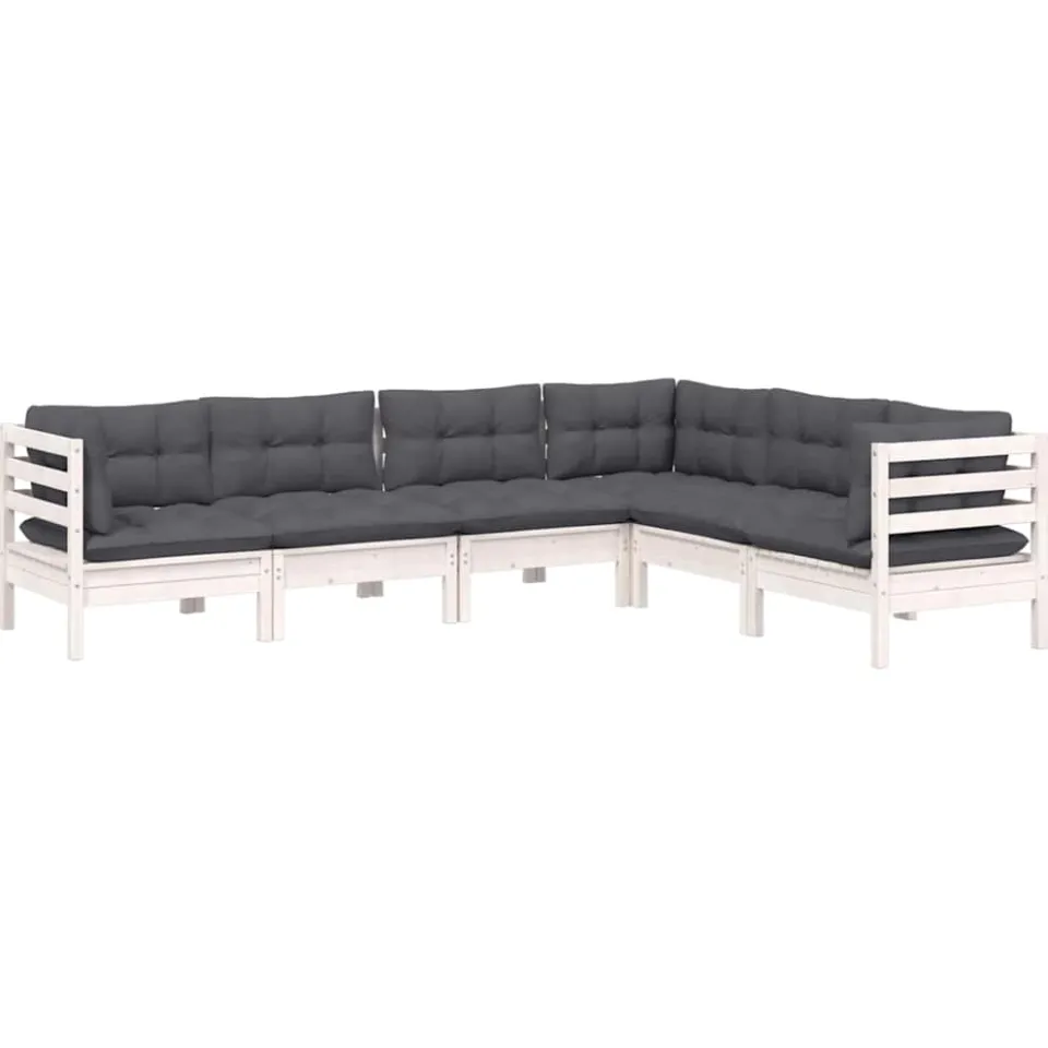 vidaXL 6-delige Loungeset met kussens massief grenenhout wit