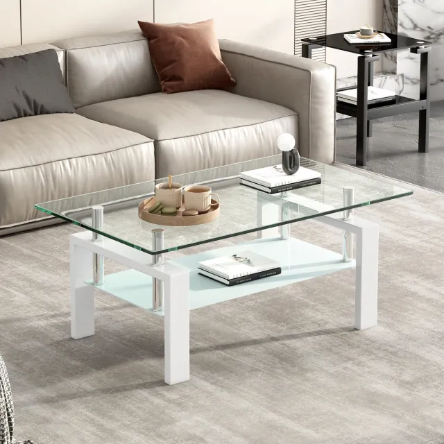 MIVRAY Salontafel - Gehard Glazen Tafel Met Twee Niveaus - Voor Woonkamer En Kantoor - Glas En Metaal - 100x60x44 Cm - Wit