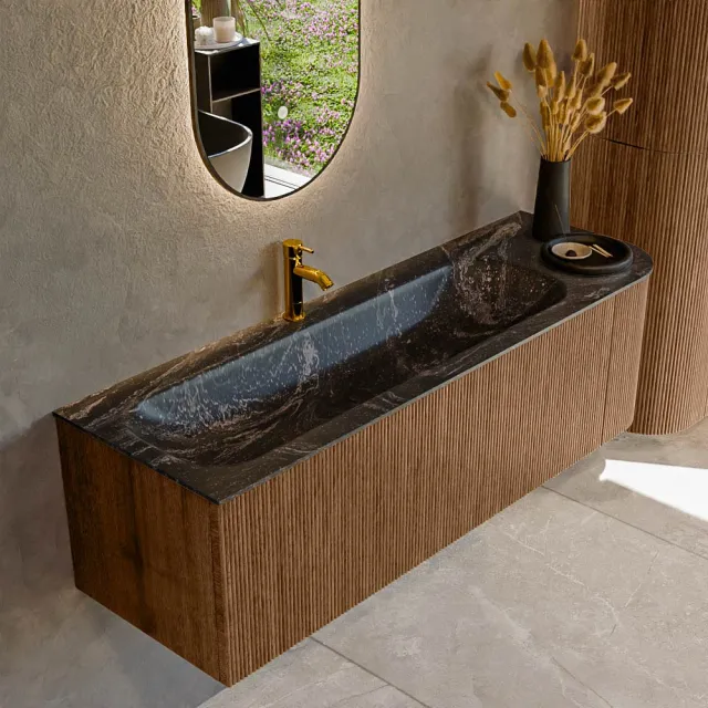 Mondiaz KURVE-DLUX 145 cm Onderkast Greeploos 1 Lade Met Deuren Walnut, Wastafel Solid Surface Links Lava 1 Kraangat Zonder Spiegel (KRVBGL145R1L1D1KL-Wal/Lav)
