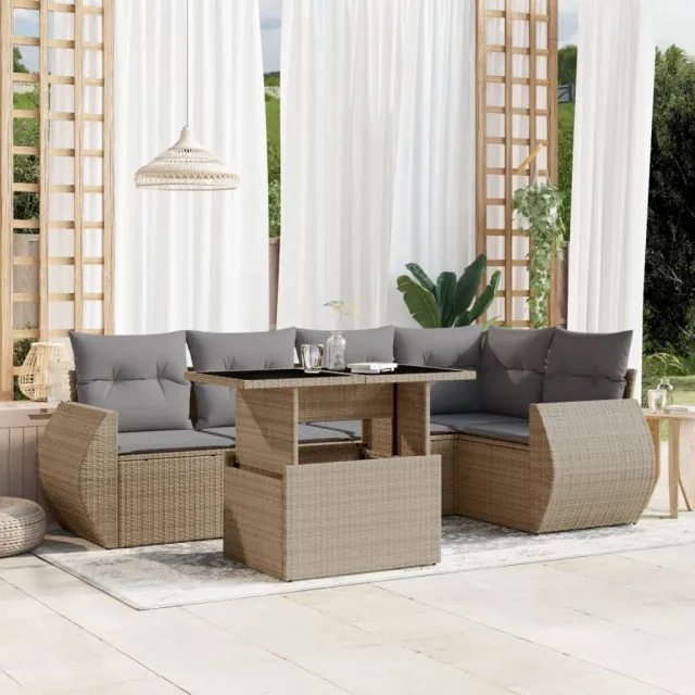 vidaXL 6-delige Loungeset met kussens poly rattan beige, foto 2