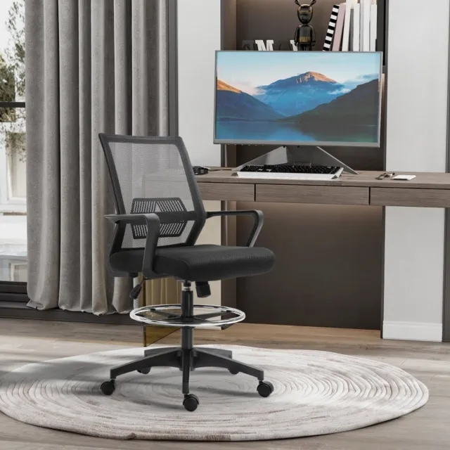 MEUNIQ Bureaustoel ergonomisch met netrug, lendensteun, verstelbare voetring, verstelbare zithoogte 56,5-76,5 cm, wippfunctie en 360° draaibaar, zwart Black