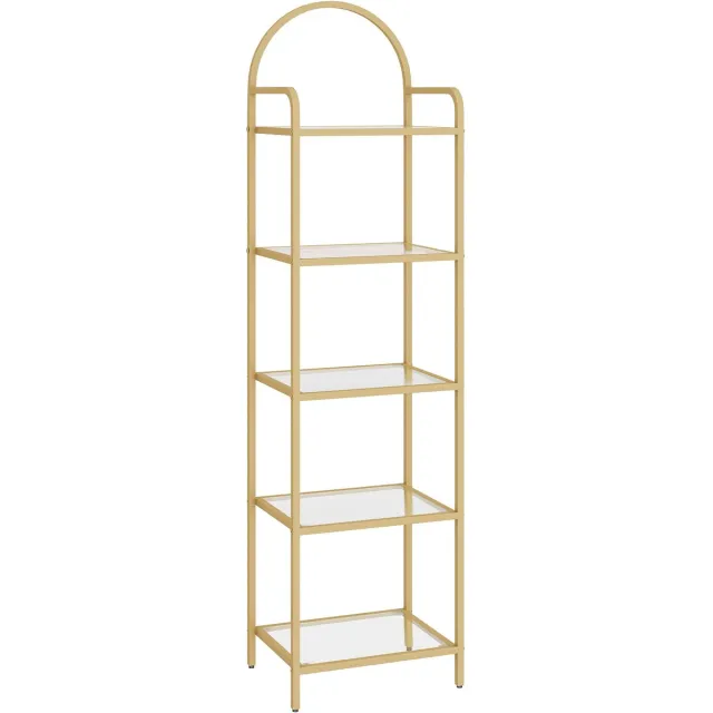 Whoopr® Boekenkast met Gehard Glazen Planken – Smalle Gouden Boekenkast met Stalen Frame – Moderne Open Wandkast voor Woonkamer, Slaapkamer, Badkamer & Kantoor