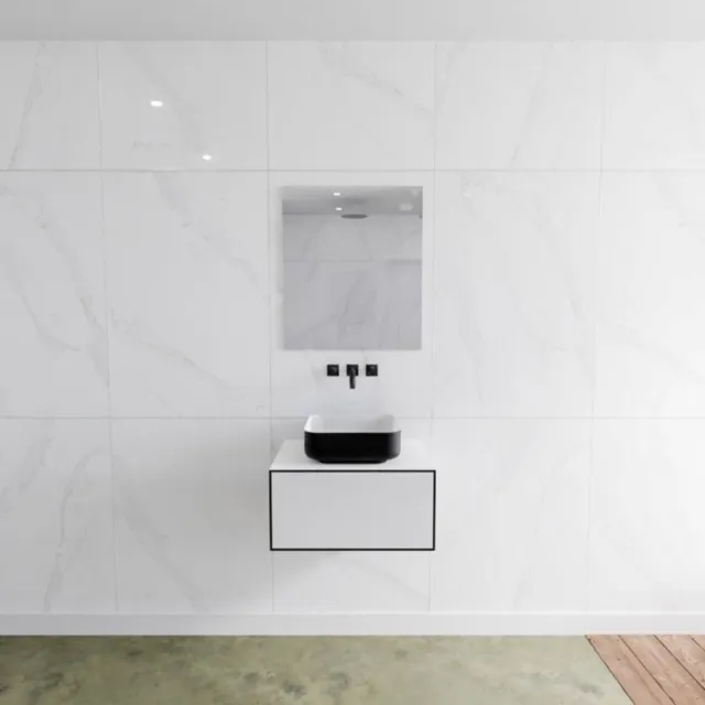 Mondiaz Badkamermeubelset Mondiaz LAGOM 60 cm Topblad met Gecentreerde Wastafel Solid Surface Opzetkom Binx zonder Kraangat Mat Zwart (1 lade)