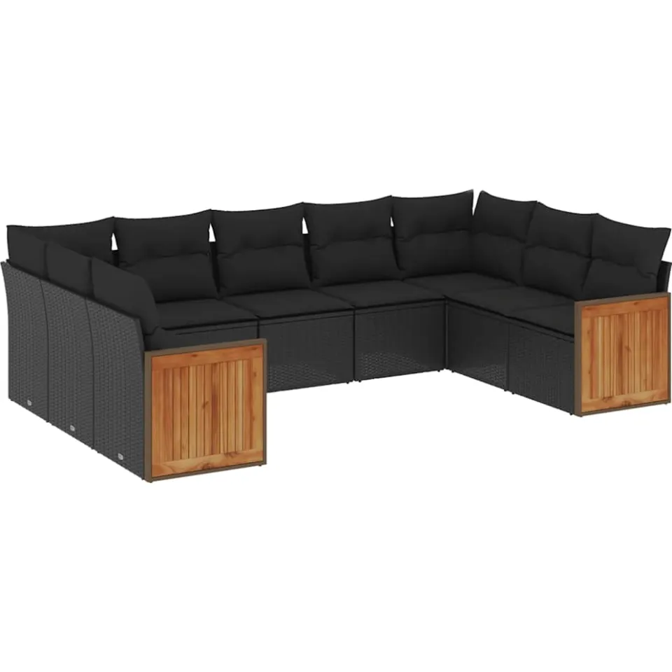 vidaXL 9-delige Loungeset met kussens poly rattan zwart, foto 3