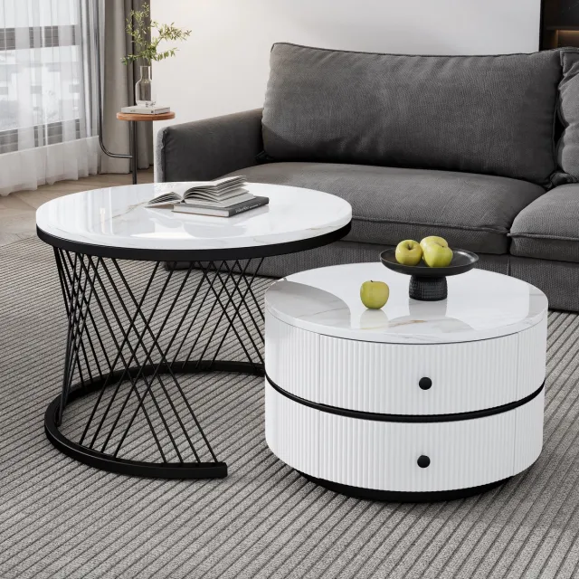 HAUSS SPOLE Salontafels - Salontafel Rond 2 Delige Set Met 2 Laden En Marmerlook - Praktisch Voor Woonkamer En Balkon - MDF - Zwart - 60x60x46+50x50x30.8 cm Zwart+Wit