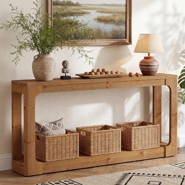 Tribesigns massief hout Consoletafe - Sidetable met 2 niveaus en opbergruimte - bruin - 160 x 30 x 82 cm - Console Tafel voor Hal, Woonkamer, Entree