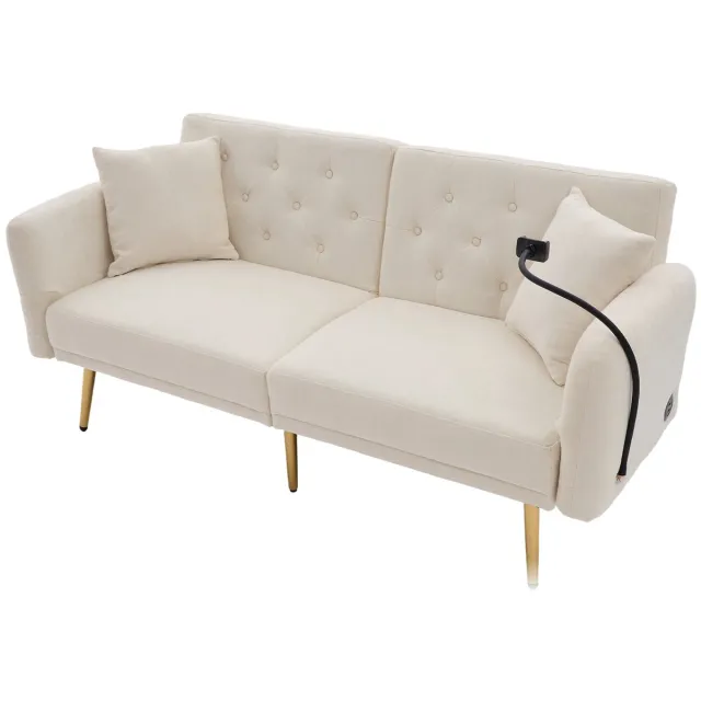 Merax Slaapbank 2-zits – Verstelbare Rugleuning - USB Oplaadpunten - Telefoonhouder - Zijvak - Stabiele Metalen Poten - Moderne Opklapbare Sofa Beige