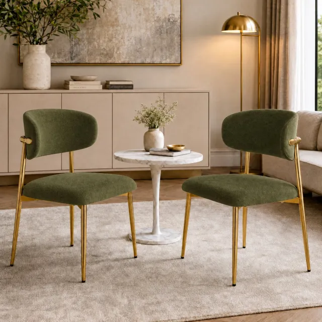 HAUSS SPOLE Eetkamerstoelen - Set van 2 - Gebogen Rugleuning en Verstelbare Voetdoppen - Voor Eetkamer en Keuken - Metaal - Groen en Goudkleurig