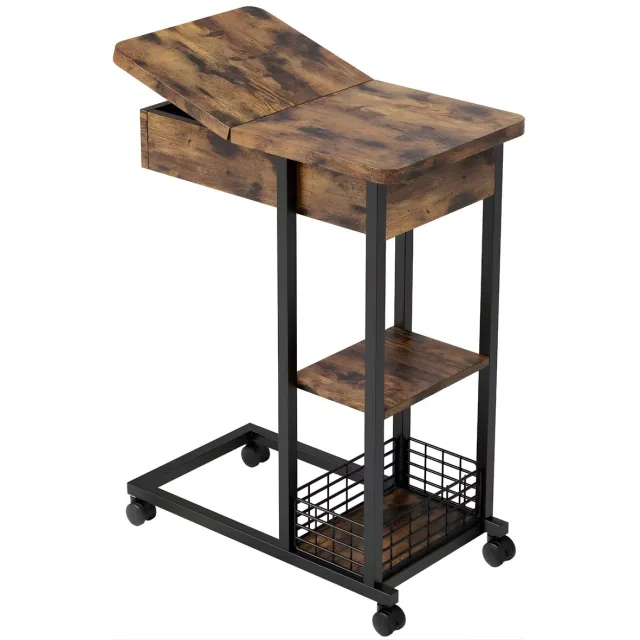 Happiq C-Vormige Bijzettafel - Opklapbaar met Opbergplank & Wielen - Industrieel - Bruin Brown
