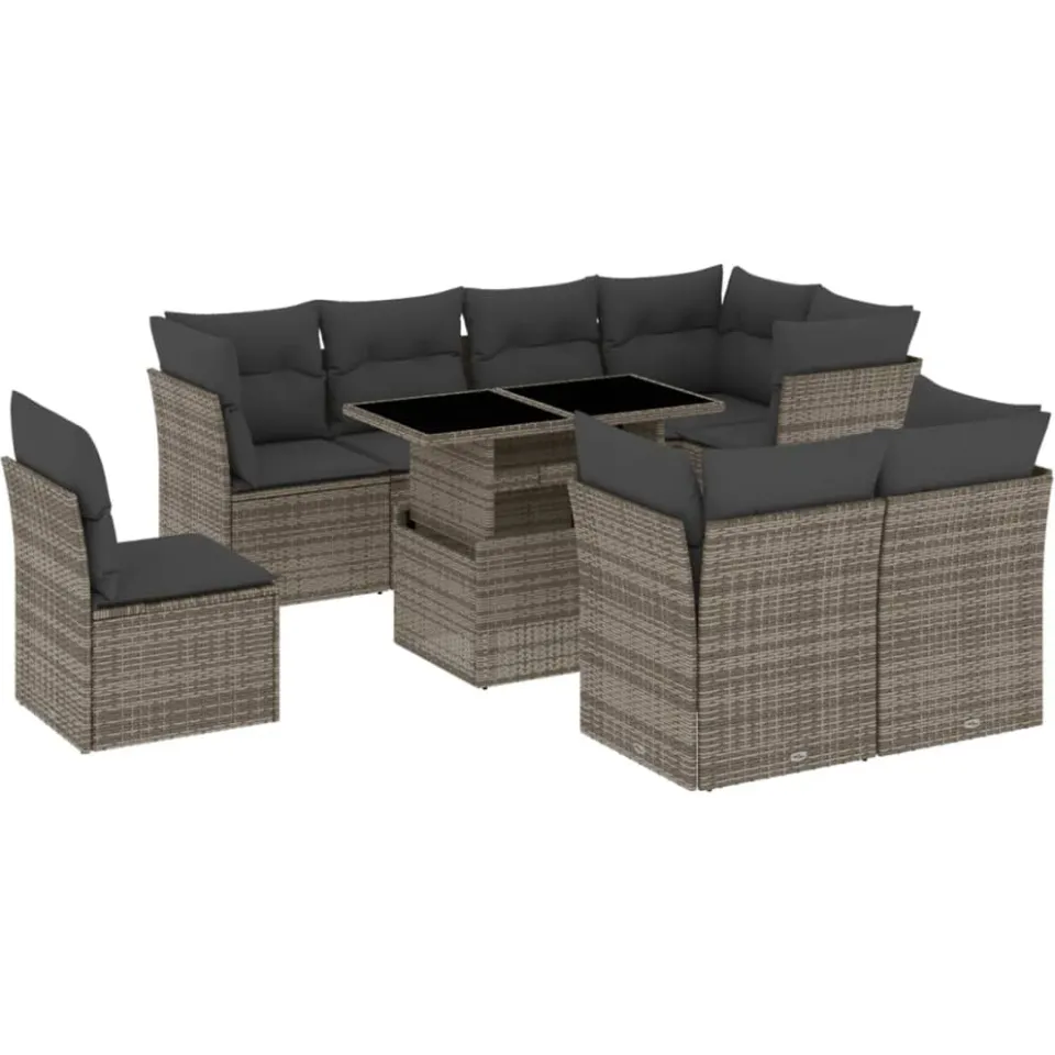 vidaXL 9-delige Loungeset met kussens poly rattan grijs