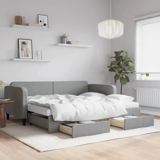 vidaXL Slaapbank met onderschuifbed en lades 90x200 cm stof lichtgrijs grijs