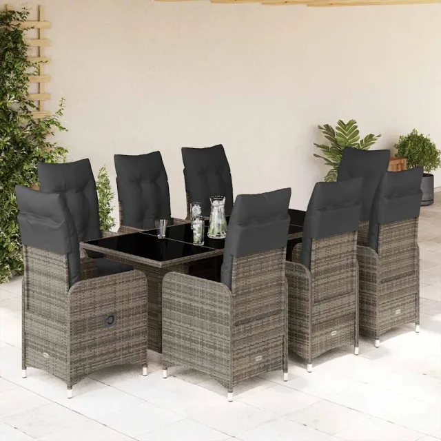 vidaXL 9-delige Bistroset met kussens poly rattan grijs, foto 2
