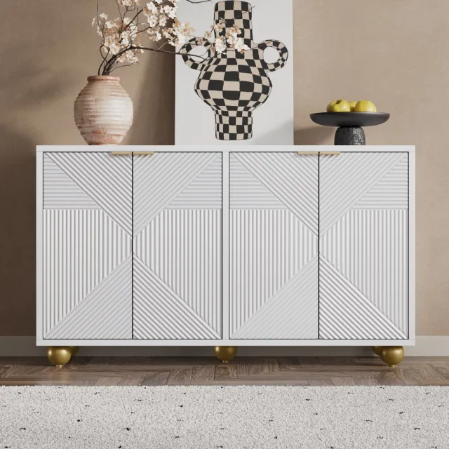 REDOM Sideboard - 4 Gegraveerde Deuren - Verstelbare Legplanken - Modern Of Klassiek - MDF - Wit - 120 X 35 X 71,5 Cm