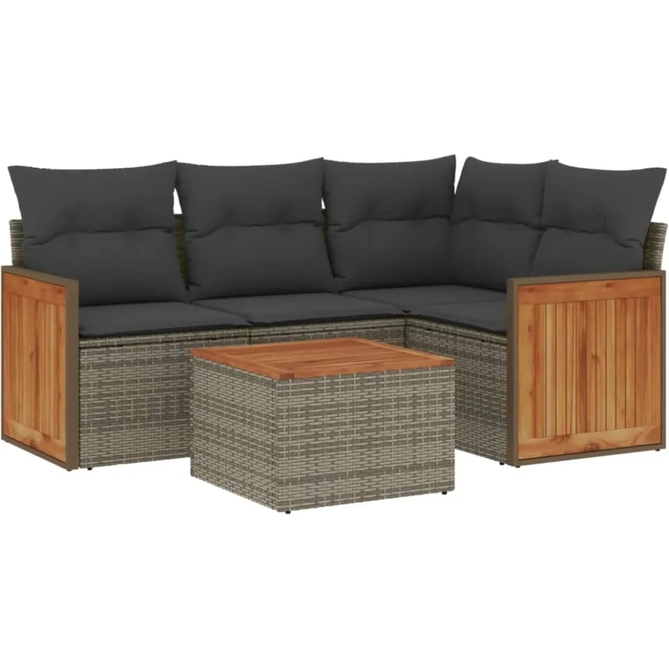 vidaXL 5-delige Loungeset met kussens poly rattan grijs, foto 3