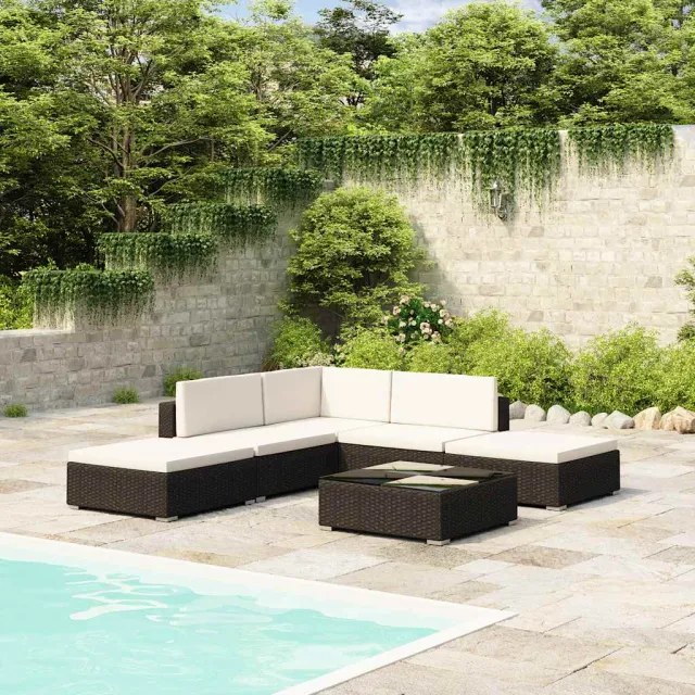 vidaXL 6-delige Loungeset met kussens poly rattan zwart, foto 2