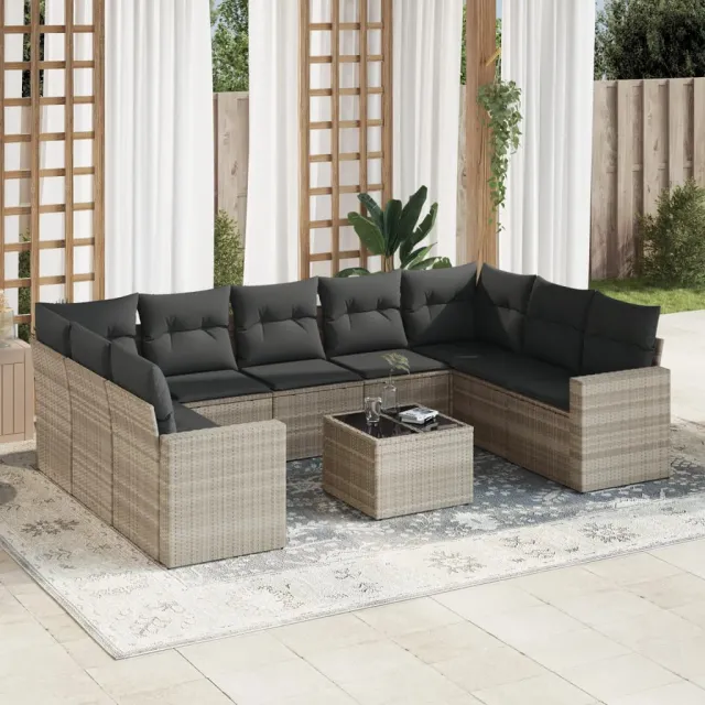 vidaXL 10-delige Loungeset met kussens poly rattan lichtgrijs grijs, foto 2