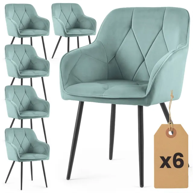 Akord Set van 6 Eetkamerstoelen DIAMANTE met Armleuningen / Gestoffeerde Stoelen / Fluwelen Stoelen en Metalen Poten / Turkooizen kleur met zwarte benen