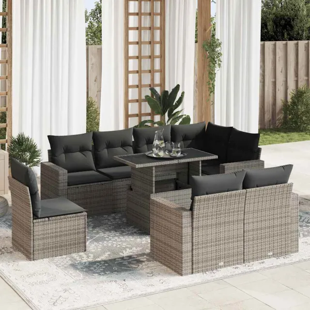 vidaXL 9-delige Loungeset met kussens poly rattan grijs, foto 2