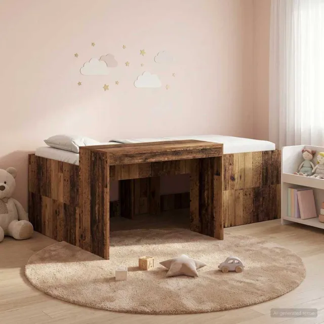 vidaXL Hoge Bed Frame met Bureau voor Kinderen Oud hout 90 x 200 cm Bruin