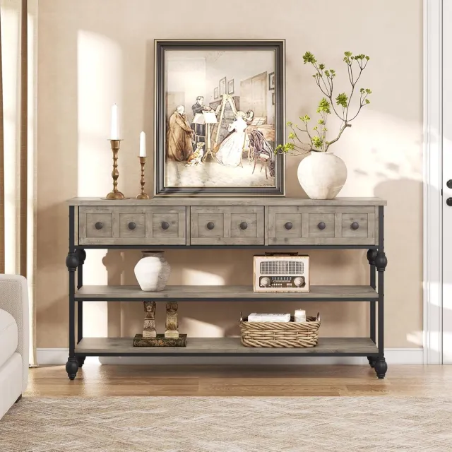HOERFURIY 52,5" Farmhouse-consoletafel – Smalle haltafel met 3 niveaus, 3 lades en 2 open planken – Decoratief accent bij de bank voor de woonkamer, gang of hal – 134 × 73 × 30 cm – Grijs grils