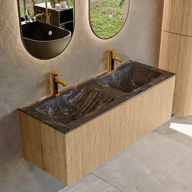 Mondiaz KURVE-DLUX 120 cm Onderkast Greeploos 1 Lade Zonder Deuren Oak, Wastafel Solid Surface Dubbel Lava 2 Kraangaten Zonder Spiegel (KRVLEA1201L0D2KD-Oak/Lav)