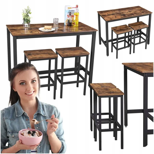 Songmics VASAGLE - Keukentafel en Barkrukken Set - Rustiek Bruin - Zwart Staal - Ruimtebesparing Rustiek Bruin;Zwart
