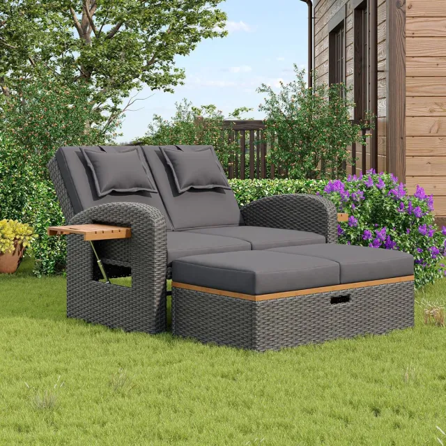 Laura Rotan 3-in-1 Loungeset Tuinbank met Verstelbare Rugleuning en Voetenbank met Opbergruimte 120 x 74 x 95 cm – Inclusief Kussens – Weerbestendig Acaciahout & Staal – Buiten Lounge Set – Laura Bruin
