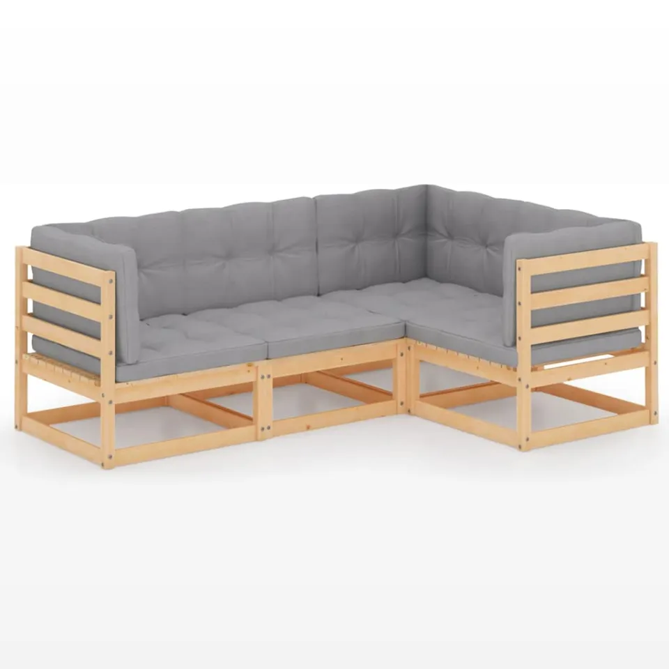vidaXL 4-delige Loungeset met kussens massief grenenhout grijs, foto 3