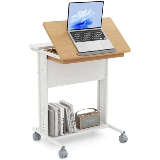 GranMaison Laptoptafel op Wielen - Bedtafeltje - Bijzettafel - Wit & Natuurlijk