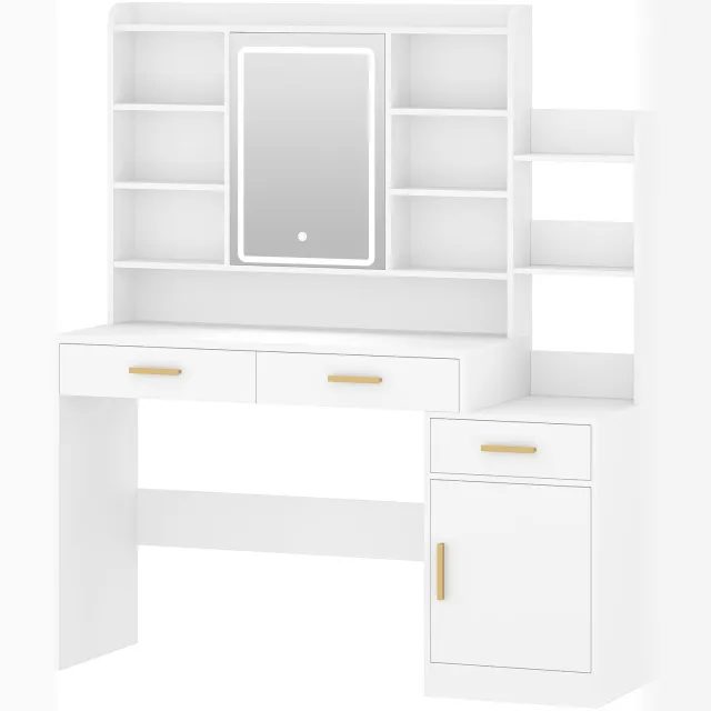 Atlasyx tafel - Make up - Kaptafel - Met spiegel en verlichting - Makeuptafel - Bureau - 3 laden + 1 kast - 130 x 40 x 149cm - Wit