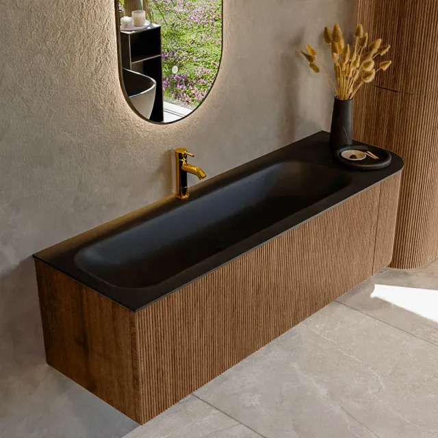 Mondiaz KURVE 145 cm Onderkast Greeploos 1 Lade Met Deuren Walnut, Wastafel Solid Surface Links Urban 1 Kraangat Zonder Spiegel (KRVBGL145R1L1D1KL-Wal/Urb)